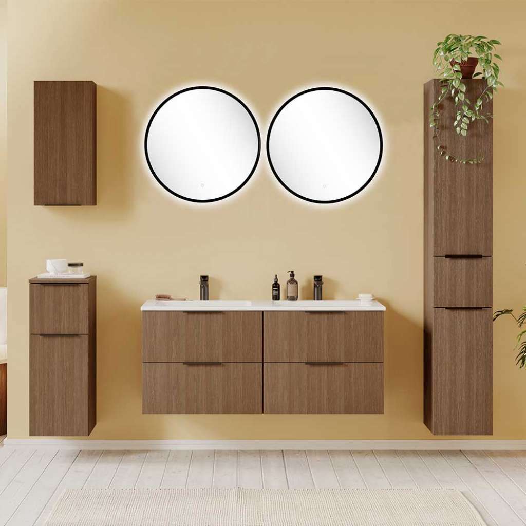 Badmöbelset Badezimmermöbel in Eiche dunkel mit LED Beleuchtung (sechsteilig)