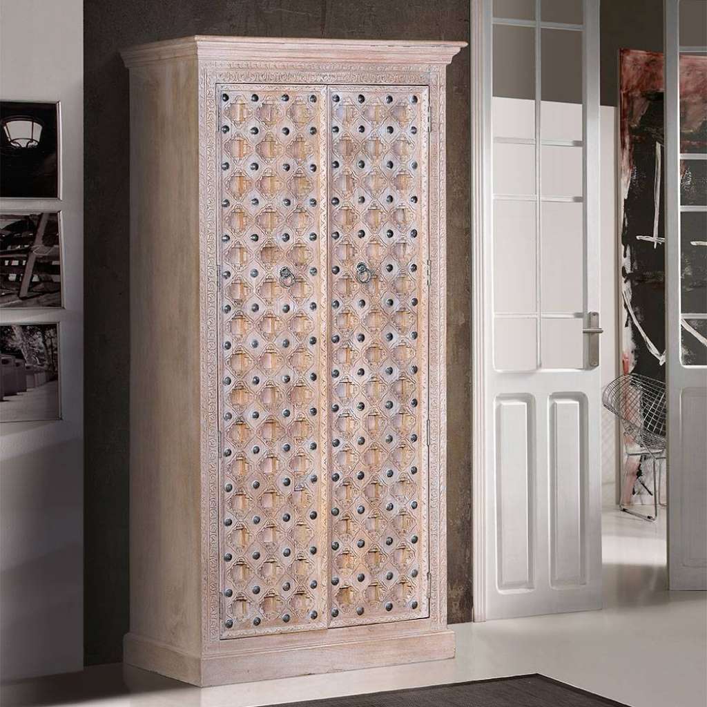 Holzschrank Massiv Schrank Holz mit Drehtüren und Metallgriffen