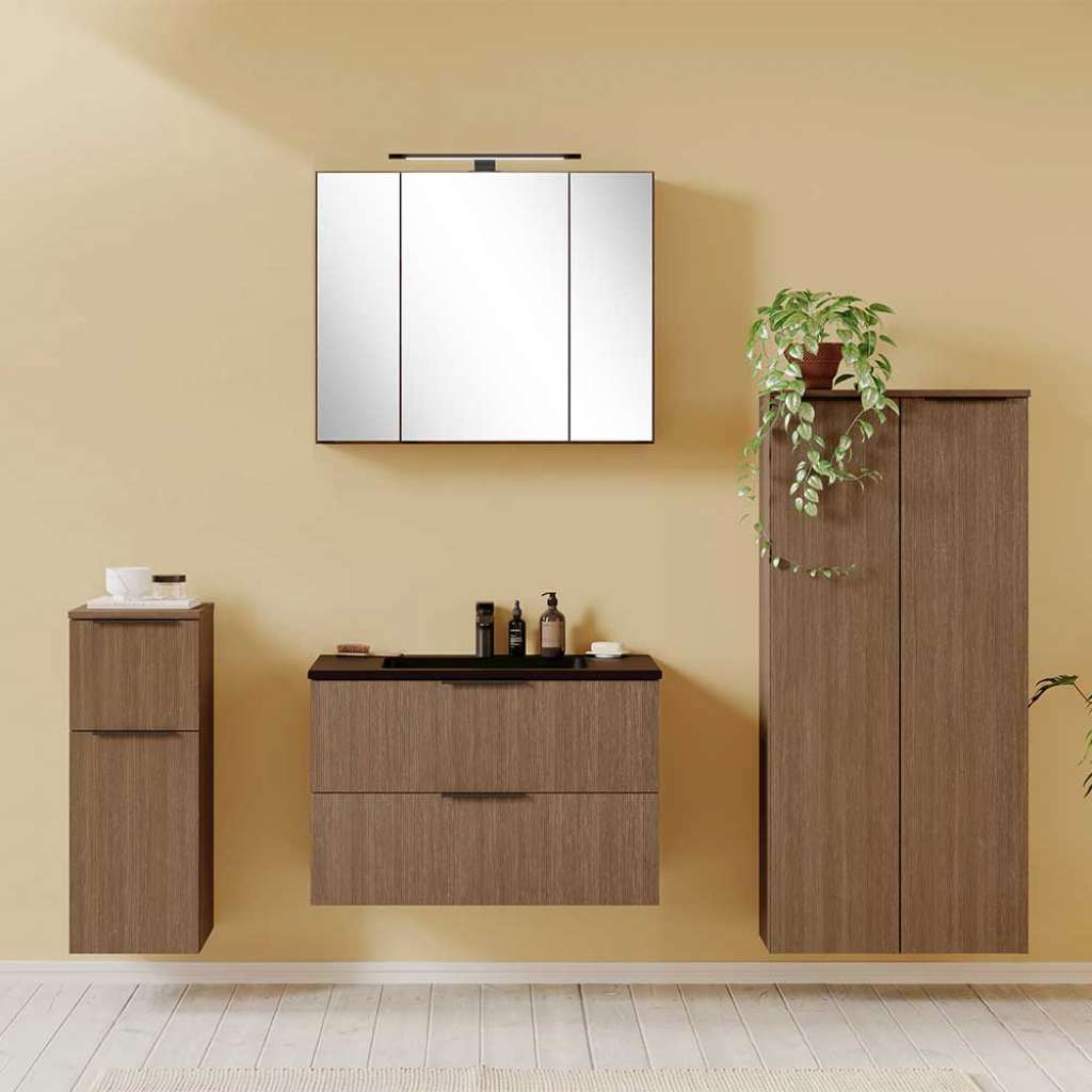 Badezimmermöbel Set Badmöbelset mit Holzwerkstoff Oberfläche und Metallgriffen (vierteilig)