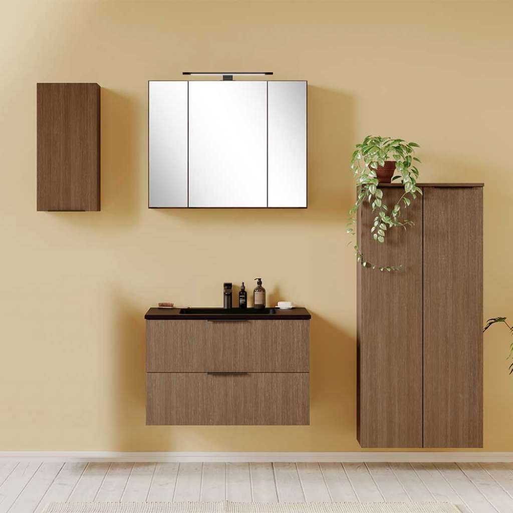 Badmöbel Set Badezimmermöbel Set in Eiche dunkel mit Holzwerkstoff Oberfläche (vierteilig)