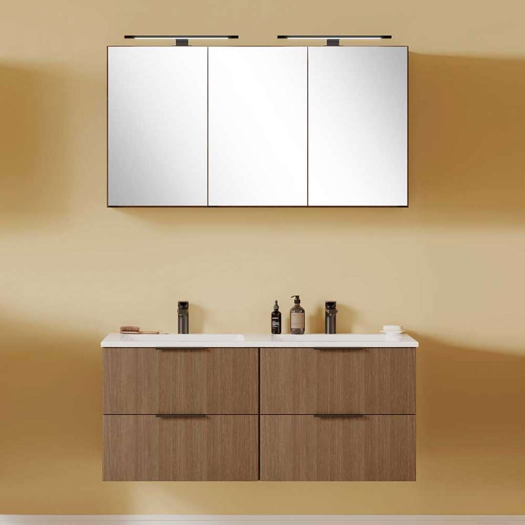 Waschplatz Set Badezimmermöbel Set in Eiche dunkel mit LED Beleuchtung (zweiteilig)