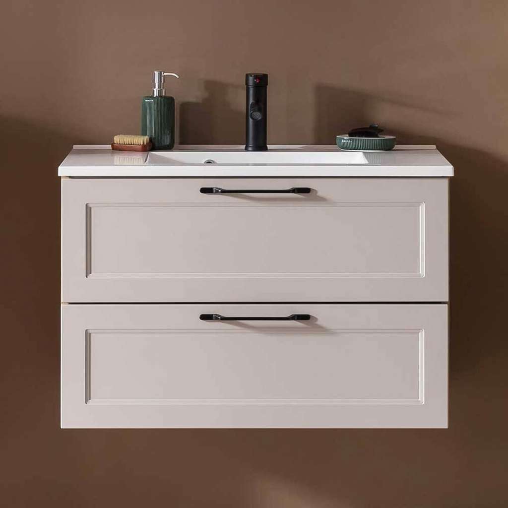 Badeschrank Waschbeckenunterschrank mit zwei Schubladen und Metallgriffen