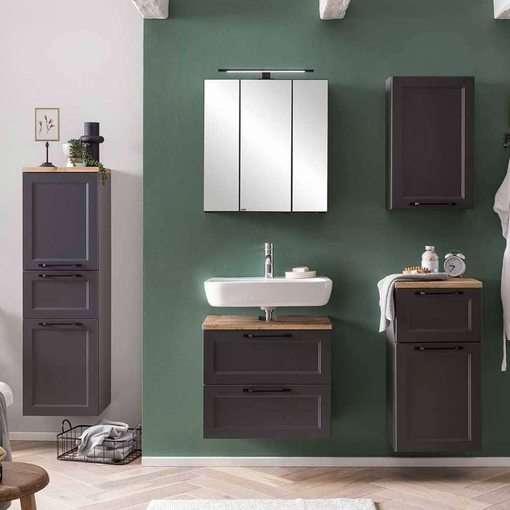 Badmöbelset Badezimmermöbelset mit Holzwerkstoff Oberfläche und Kassetten Optik Front (fünfteilig)