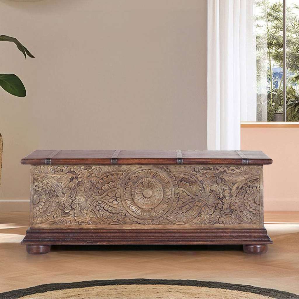 Holztruhe Dekotruhe aus Mangobaum Massivholz geschnitzt