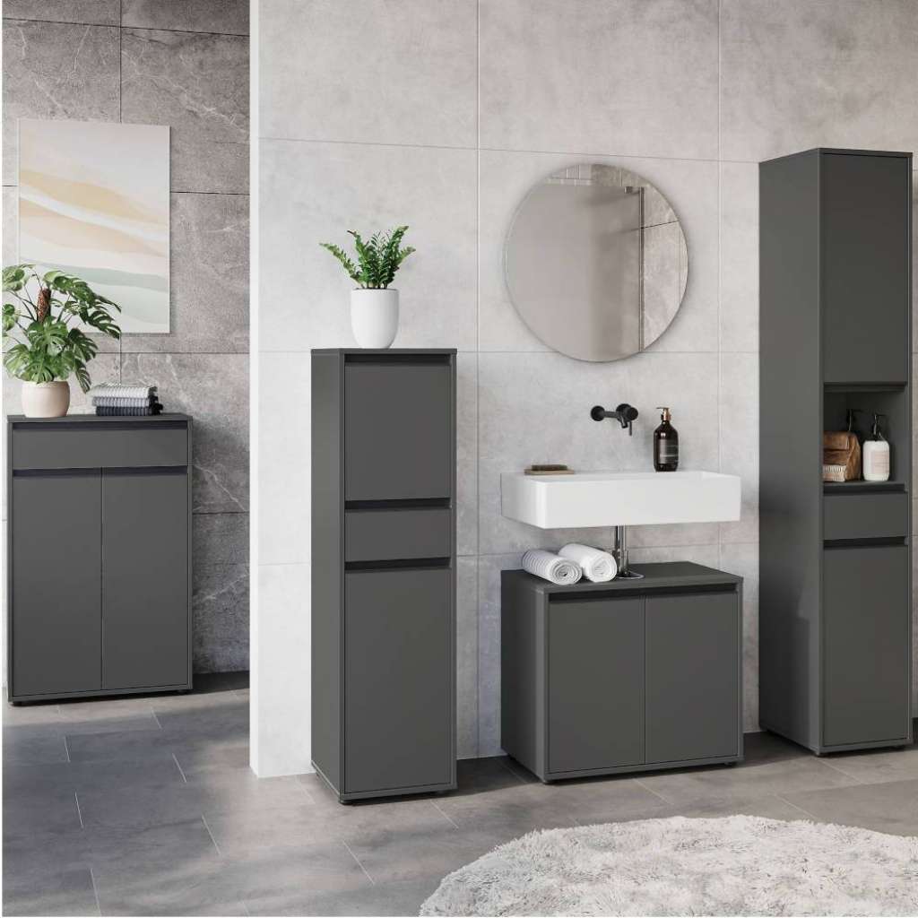 Badezimmermöbel Set Waschplatz Set in Dunkelgrau melaminbeschichtet (fünfteilig)