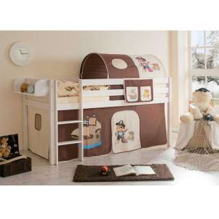 Kinderhochbett in Braun-Beige mit Tunnel und Vorhang