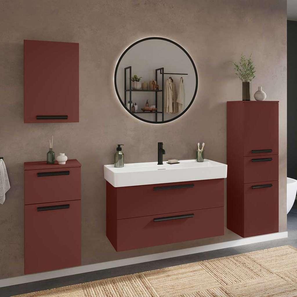 Badezimmermöbel Set Badmöbelset in Dunkelrot mit Metallgriffen (fünfteilig)
