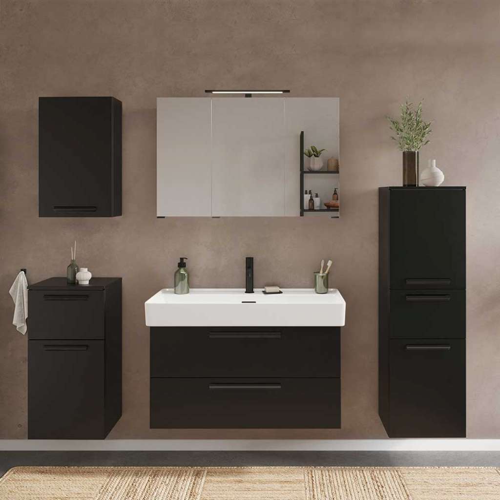 Badezimmermöbelset Badmöbelkomplettset in Schwarz mit Metallgriffen (fünfteilig)