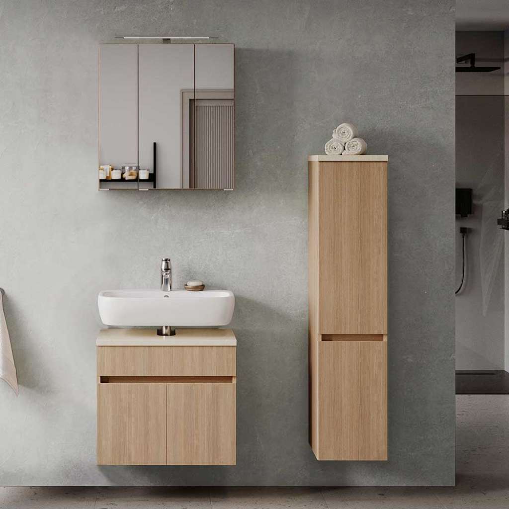 Badmöbelset Badezimmermöbelset mit LED Beleuchtung in Eiche hell (dreiteilig)