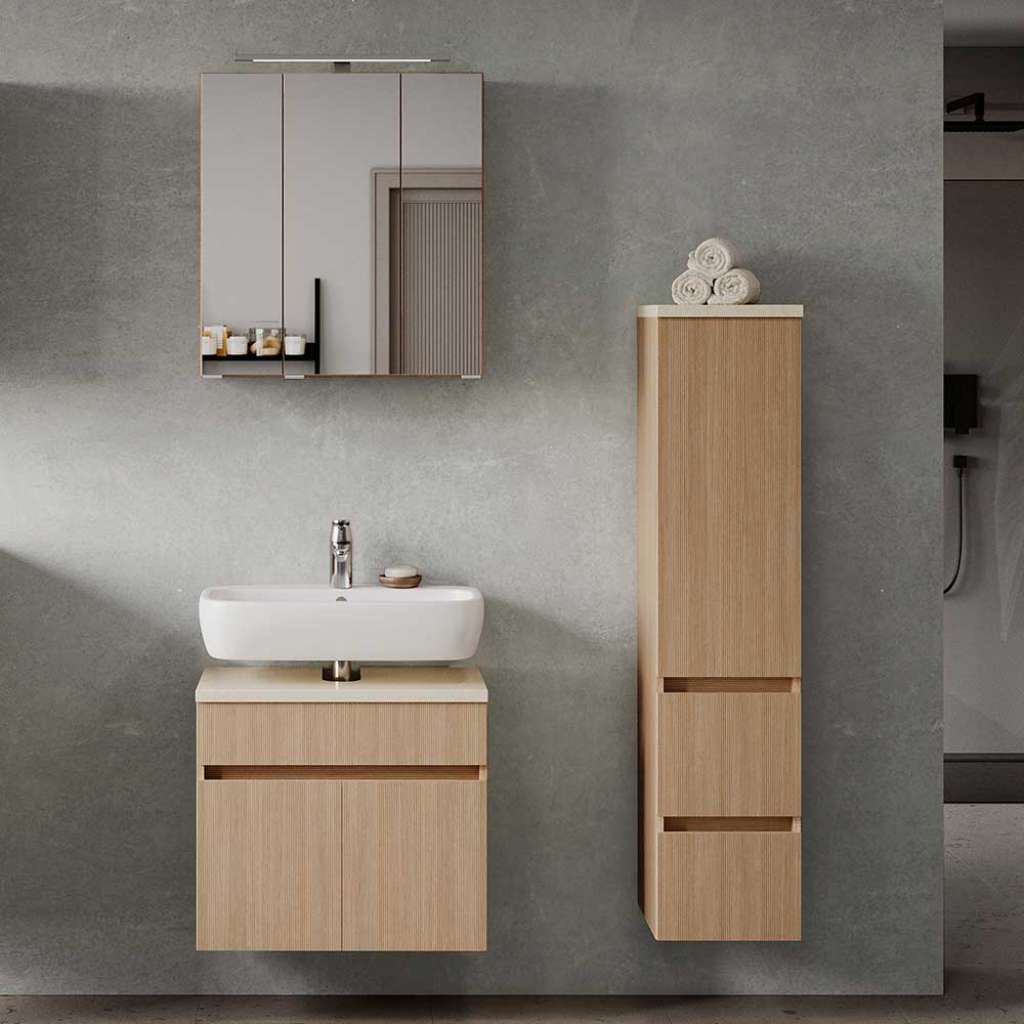 Badmöbel Set Badezimmermöbel Set mit LED Beleuchtung in Eiche hell (dreiteilig)