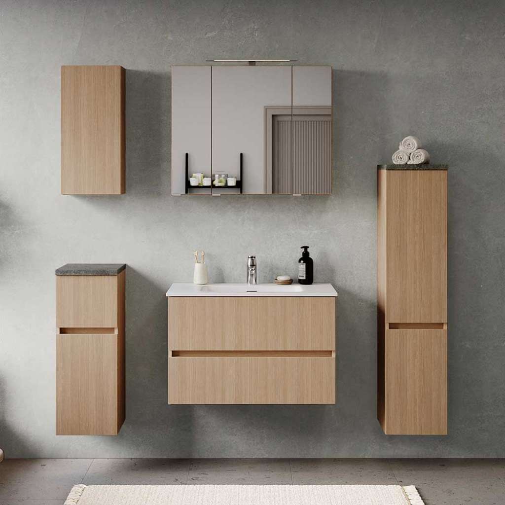 Badmöbelset Waschplatz Set in Eiche hell Dekor teils tiefgezogen (fünfteilig)