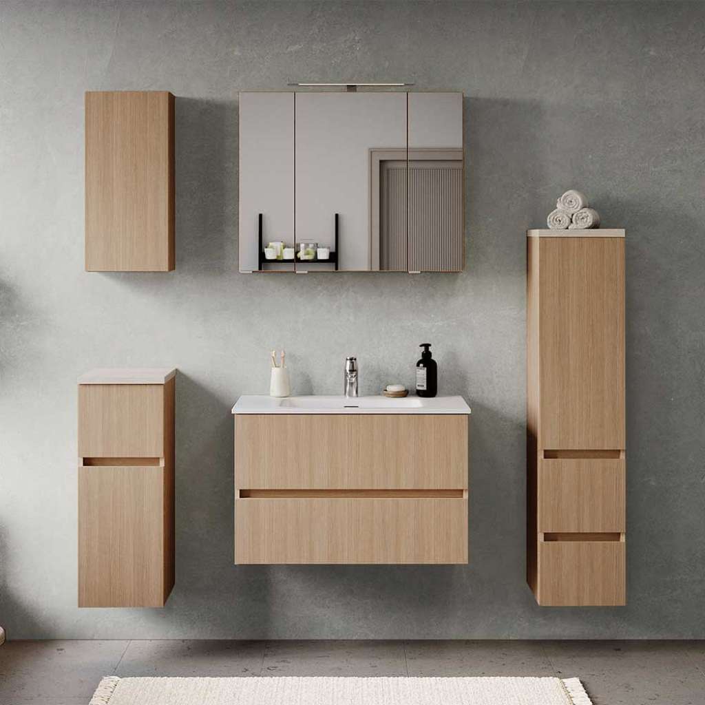 Badmöbel Set Badmöbelset in Eiche hell und modernem Design (fünfteilig)