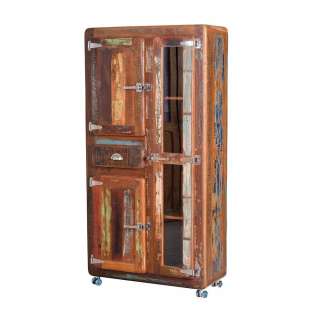 Holzschrank Massiv Schrank Holz mit Glastür auf Rollen