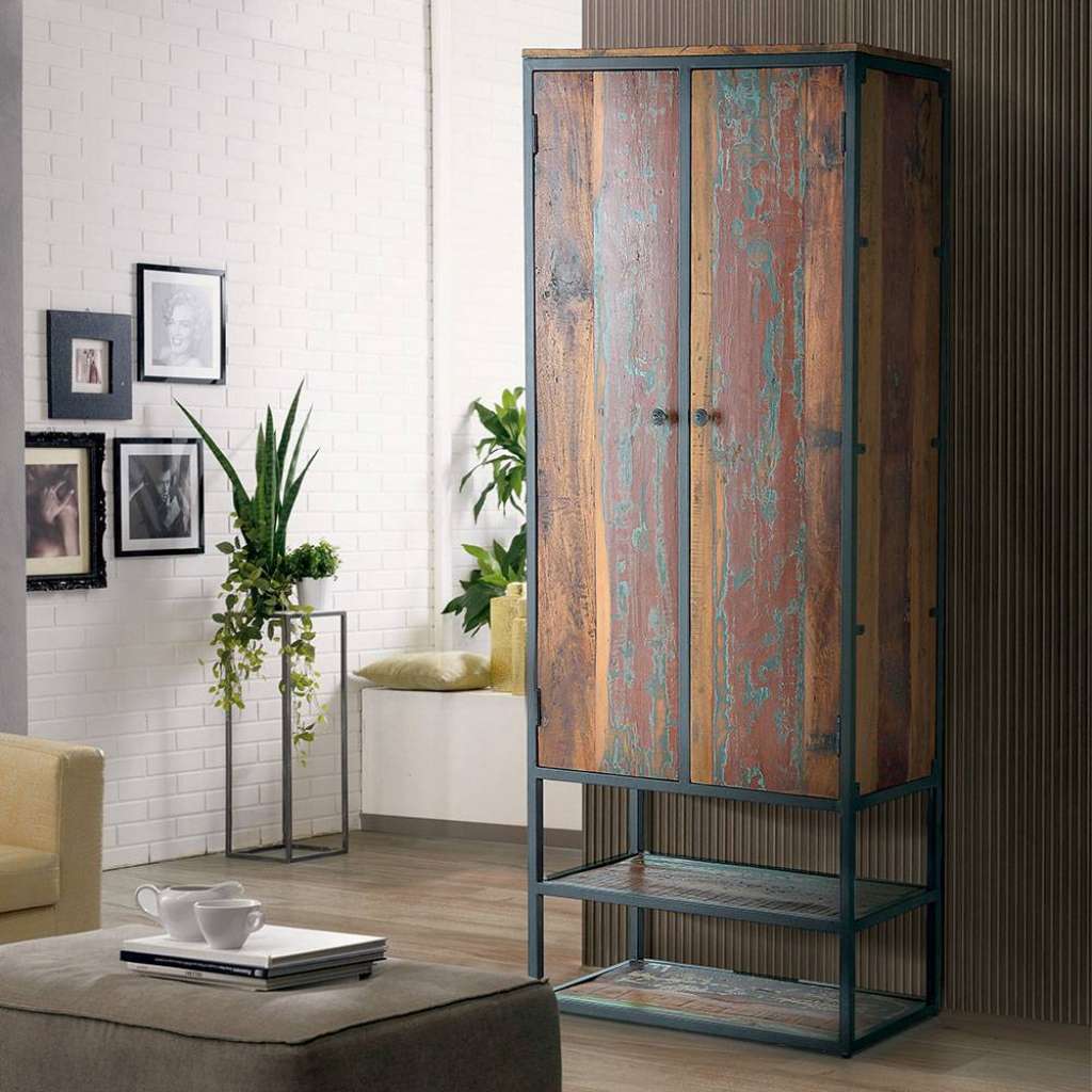 Schrank Holz Holzschrank massiv aus Recyclingholz mit Metallgriffen