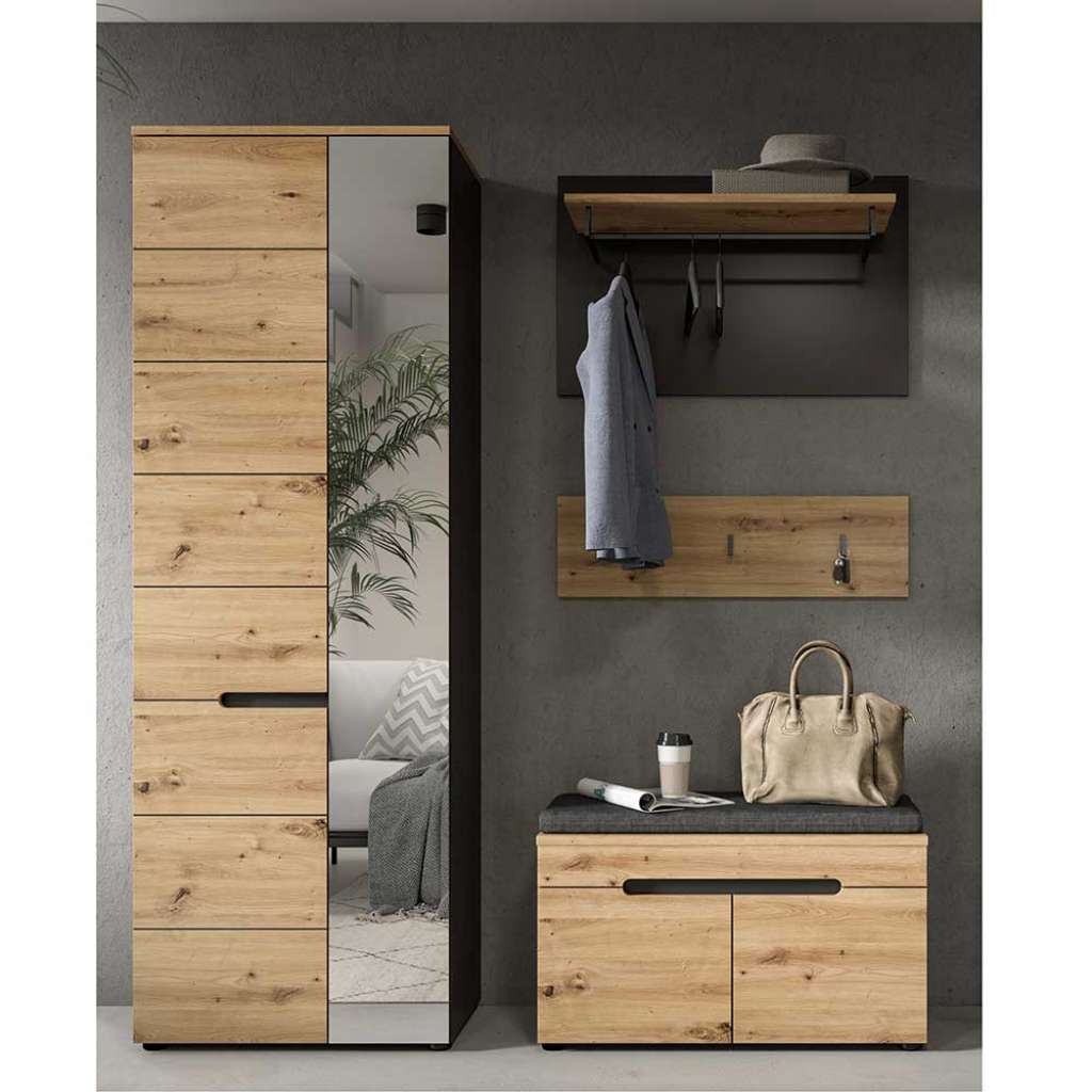 Garderobe Flur Flur Set in Wildeichefarben und Grau (vierteilig)