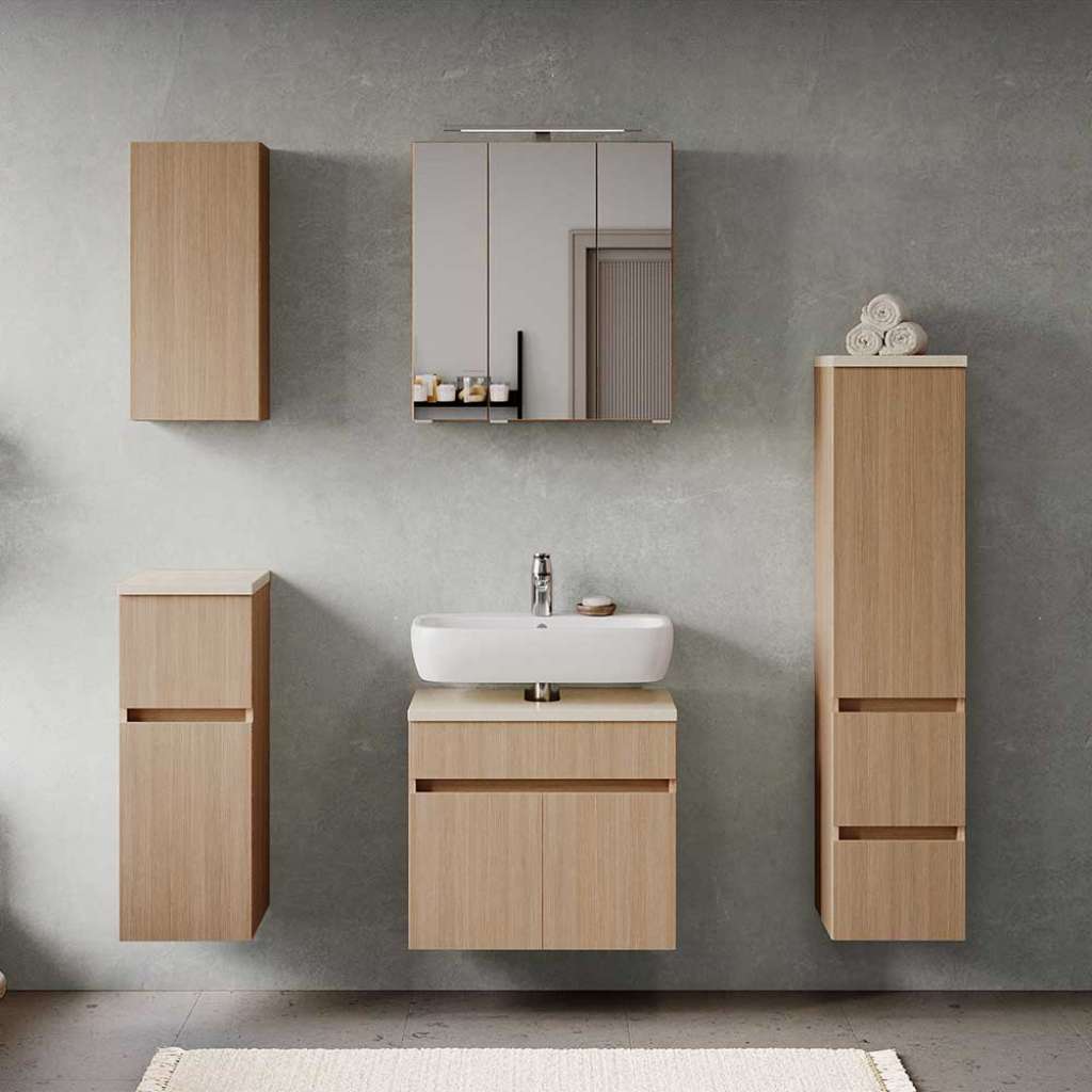 Badmöbelset Badezimmermöbel Set in modernem Design in Eiche hell (fünfteilig)
