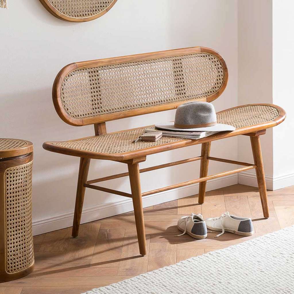 Sitzbank Küchenbank aus Rattan mit Mit Rückenlehne