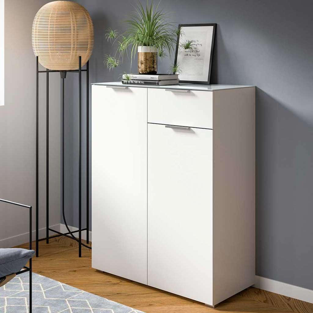 Flurkommode Hochkommode mit Holzwerkstoff Oberfläche und Kunststoff Bodengleitern