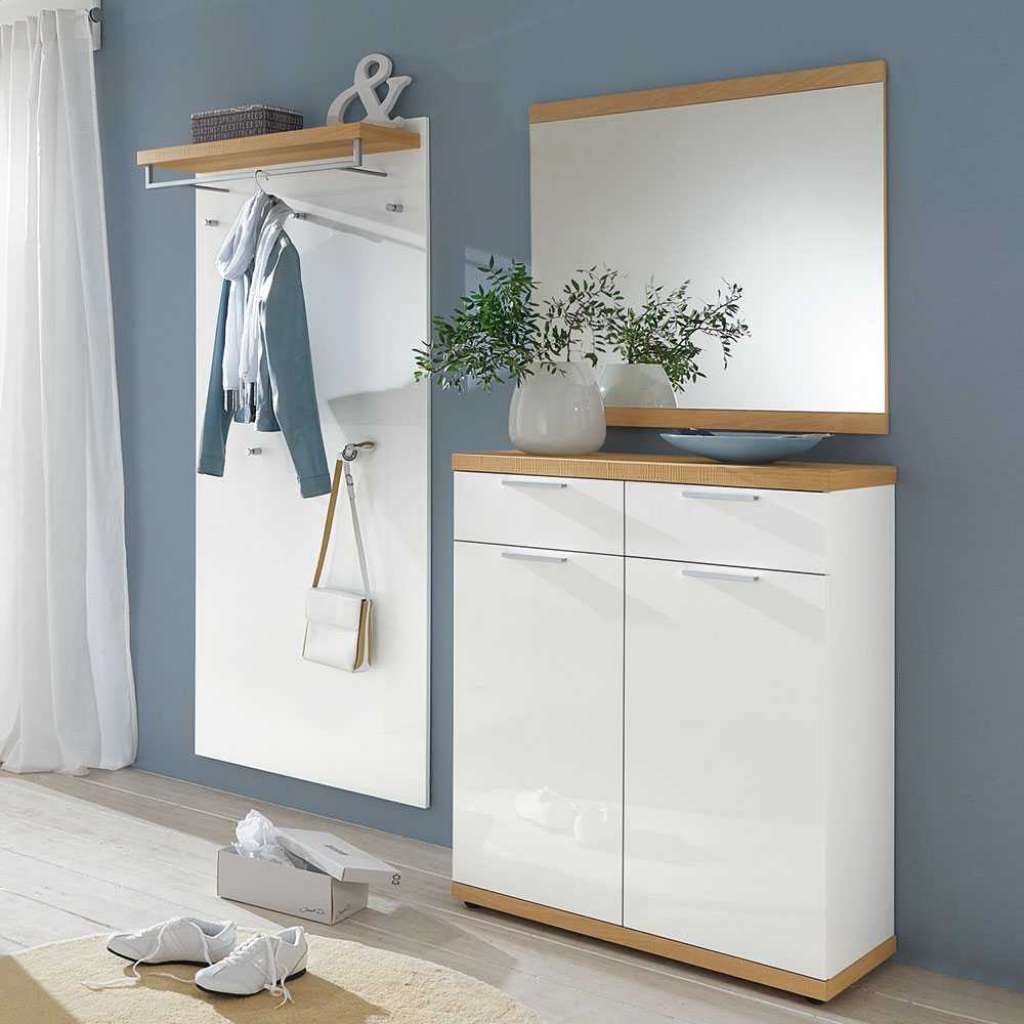 Garderobenset in Weiß Hochglanz Eiche furniert (3-teilig)