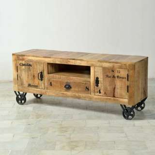 TV Wagen im Industry Style Mangobaum Massivholz