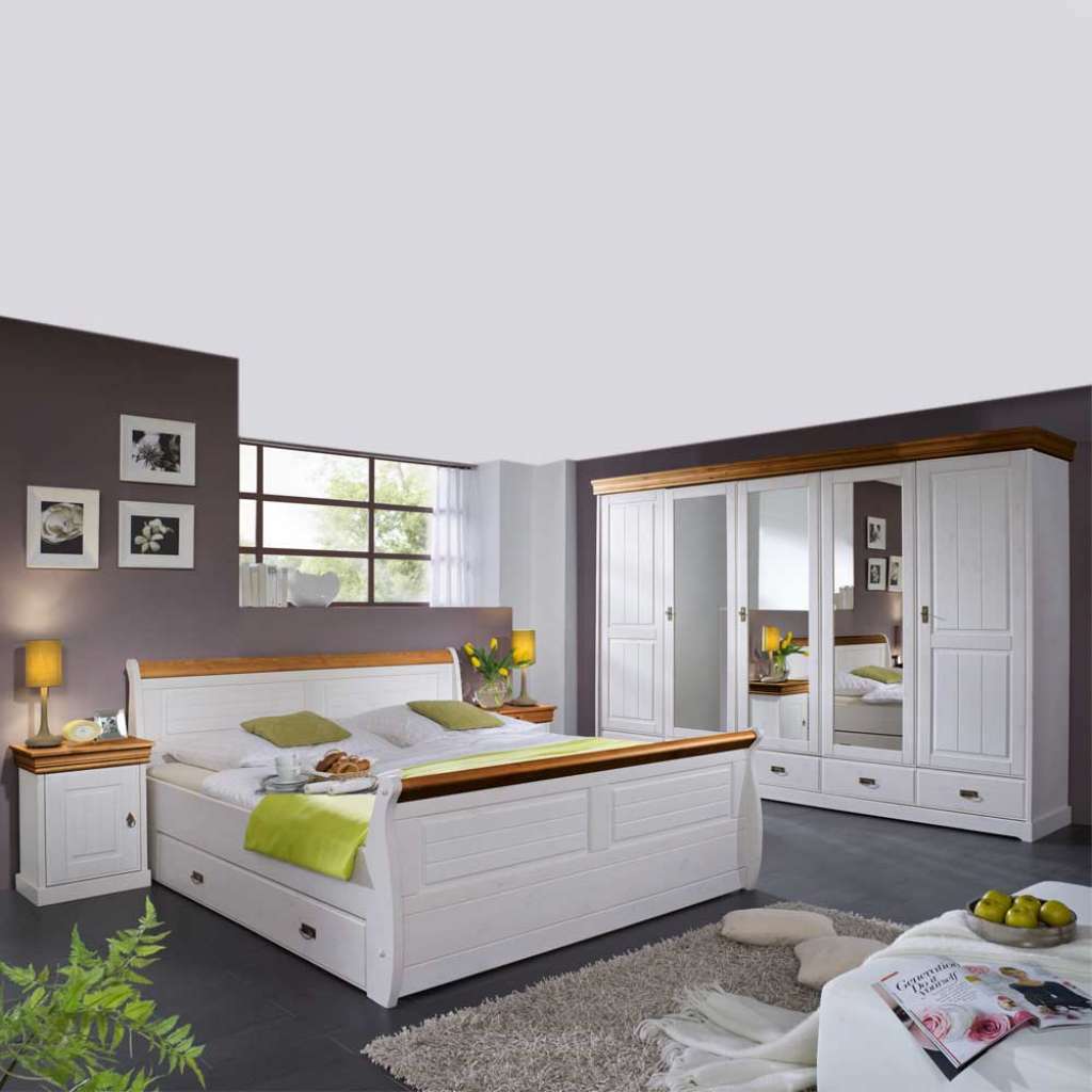 komplett Schlafzimmer in Weiß Honigfarben (4-teilig)