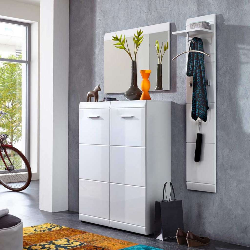 Garderobenset in Hochglanz Weiß mit Schuhschrank (3-teilig)