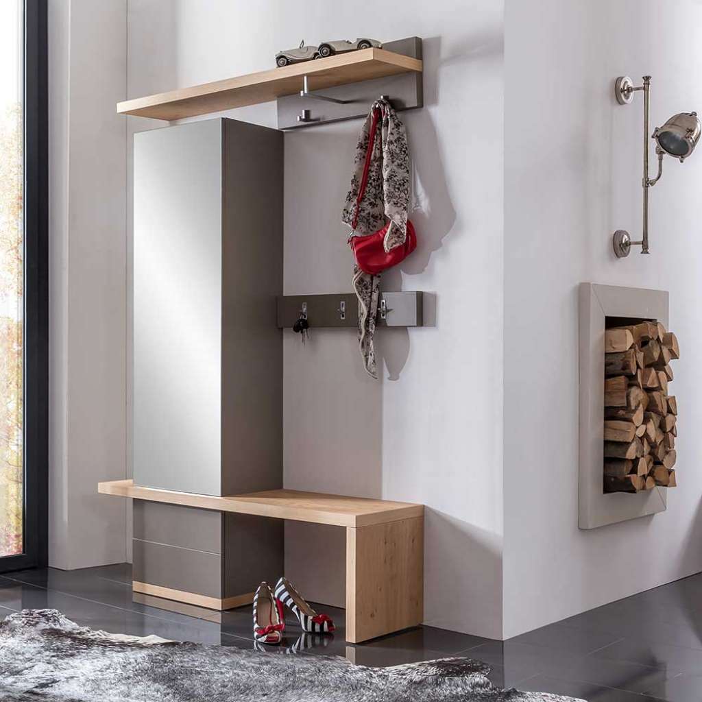 Flurgarderobenset in Grau Braun Wildeiche furniert (4-teilig)