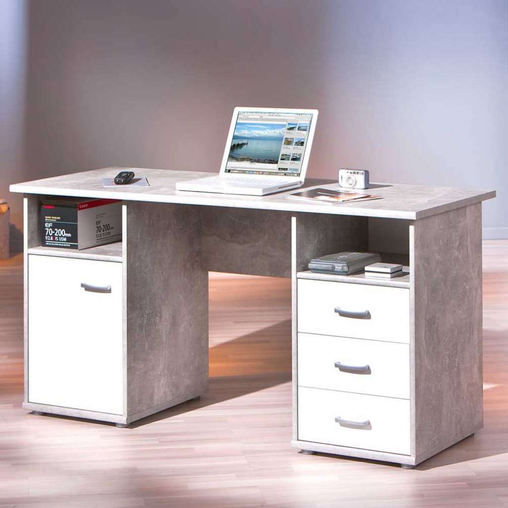 Bürotisch in Weiß Grau Beton Optik