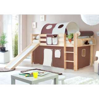 Hochbett mit Rutsche Tunnel und Vorhang in Beige Braun