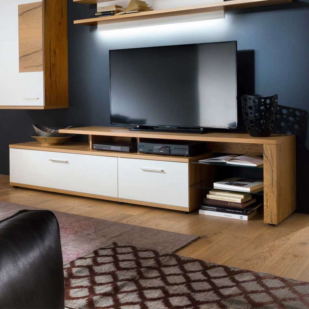 TV Lowboard mit Eiche furniert  Weiß 240 cm