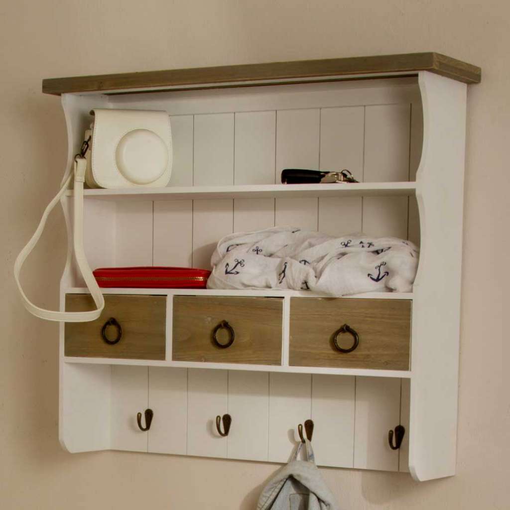 Wandregal mit Haken und Schubladen Weiß