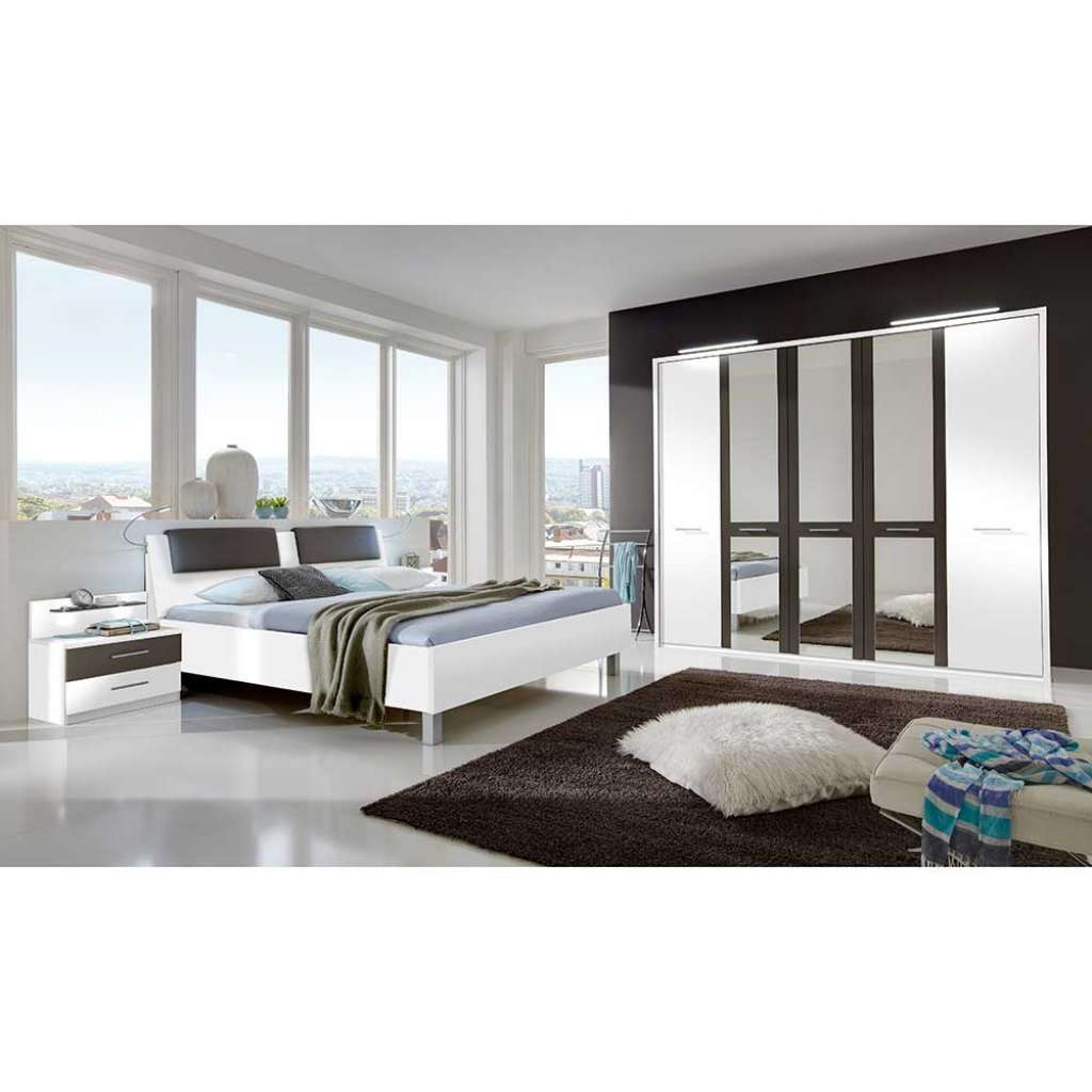 Schlafzimmer Set in Weiß Braun LED Beleuchtung (4-teilig)