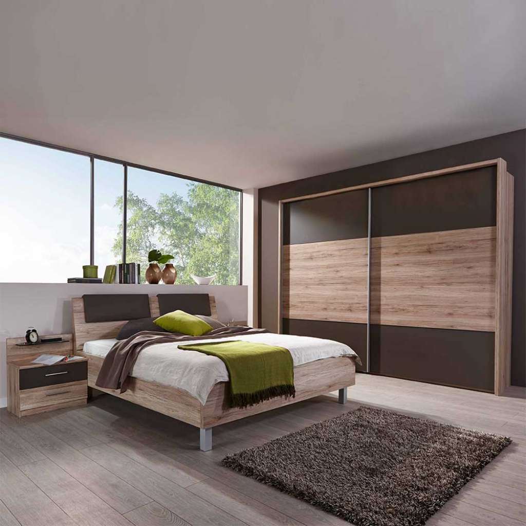 Schlafzimmer Einrichtung in Eiche Braun mit Schwebetürenschrank (4-teilig)
