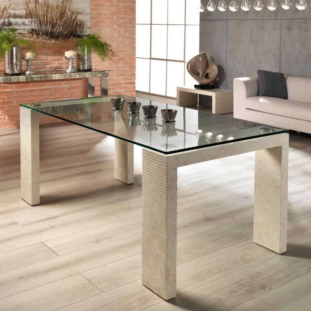 Stein Esstisch in Creme Glasplatte