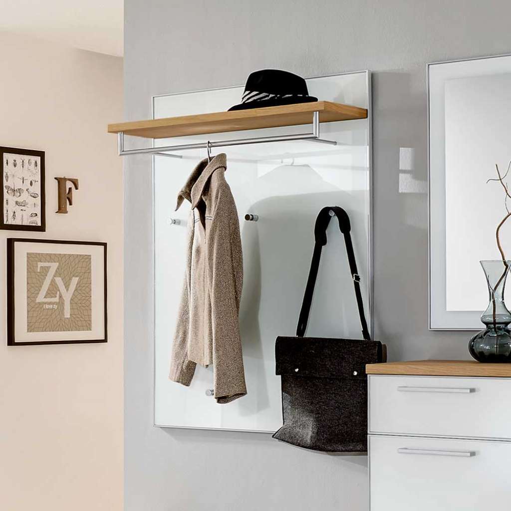 Wandgarderobe in Weiß Glas beschichtet Eiche Bianco
