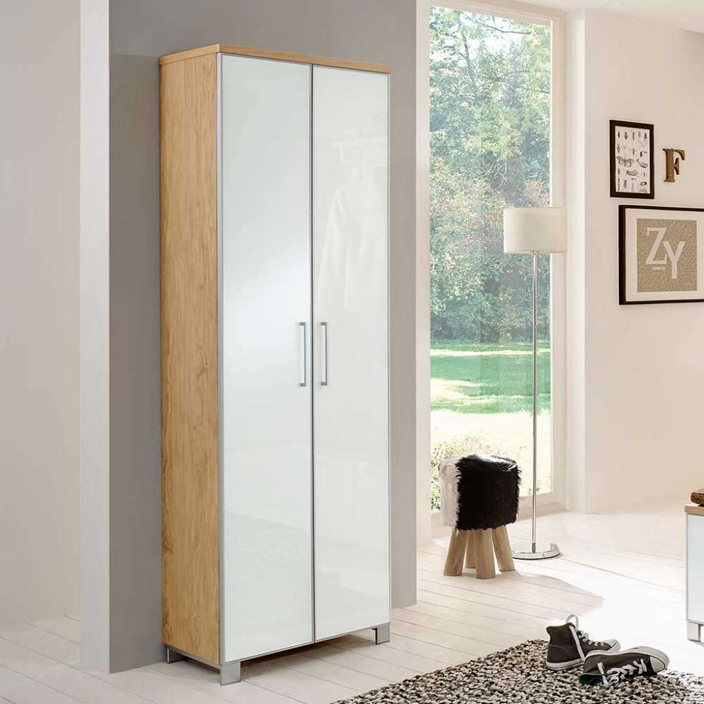Dielenschrank in Weiß Glas beschichtet Eiche furniert