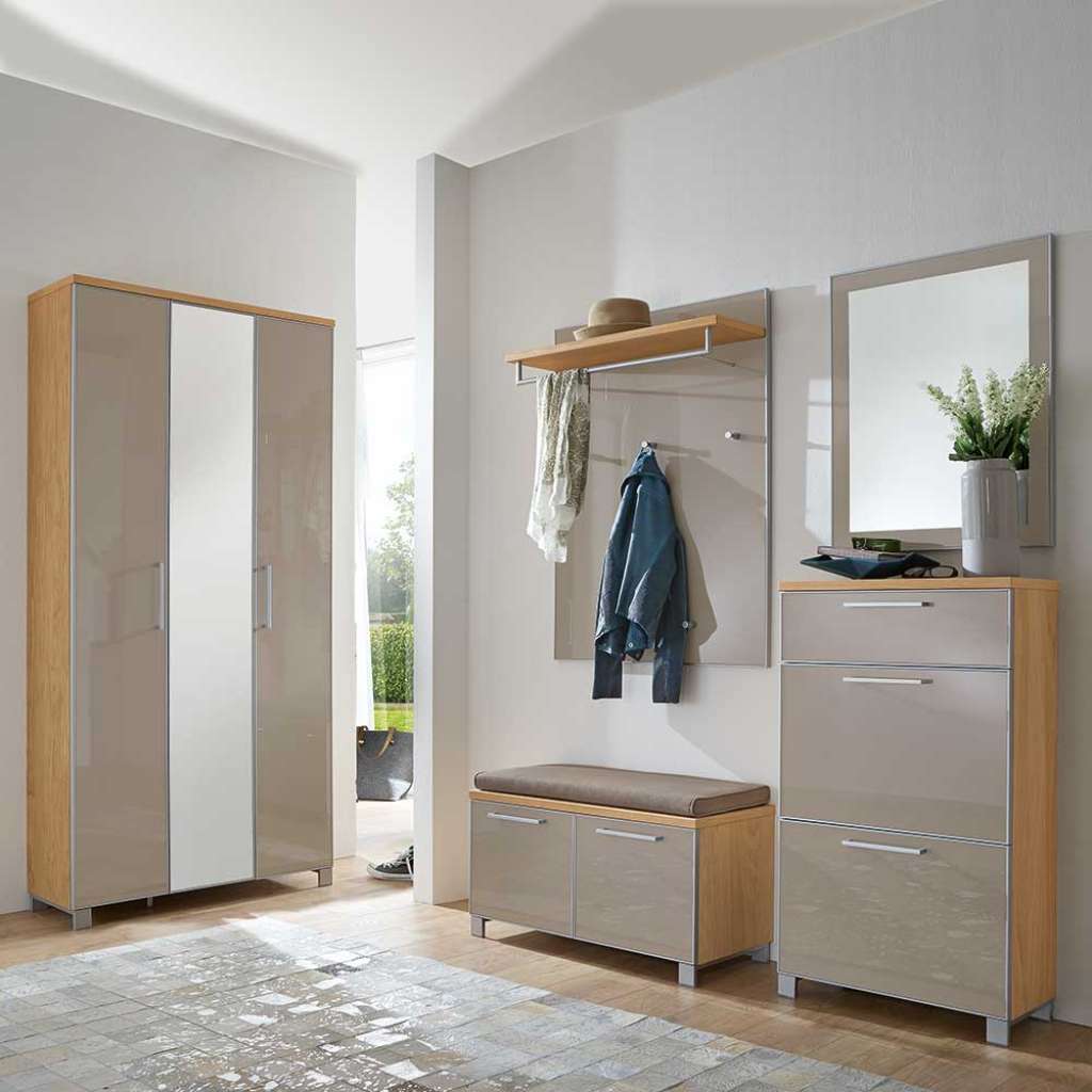 Garderobenkombination in Taupe Glas beschichtet Eiche Bianco furniert (5-teilig)