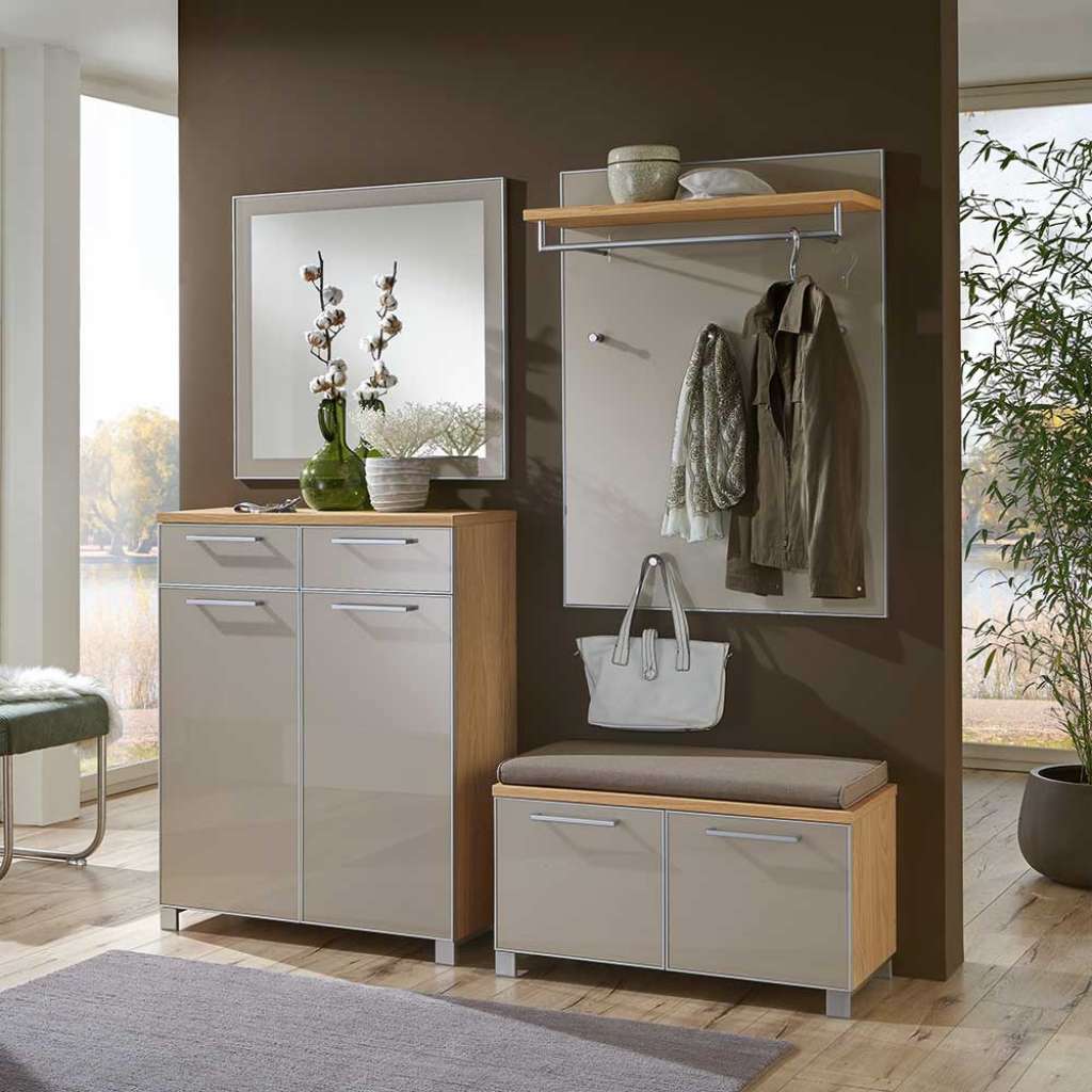 Flurmöbel Set in Taupe Eiche Bianco Glas beschichtet und furniert (4-teilig)