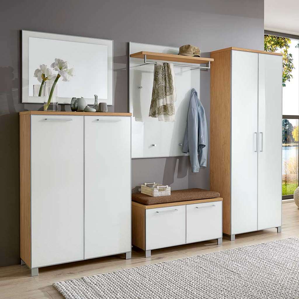 Garderobenkombination in Weiß Eiche Bianco Glas beschichtet (5-teilig)