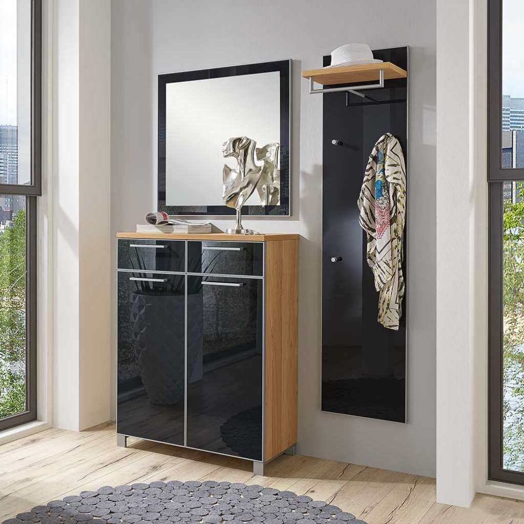 Flurgarderobenset in Anthrazit Eiche furniert Glas beschichtet (3-teilig)
