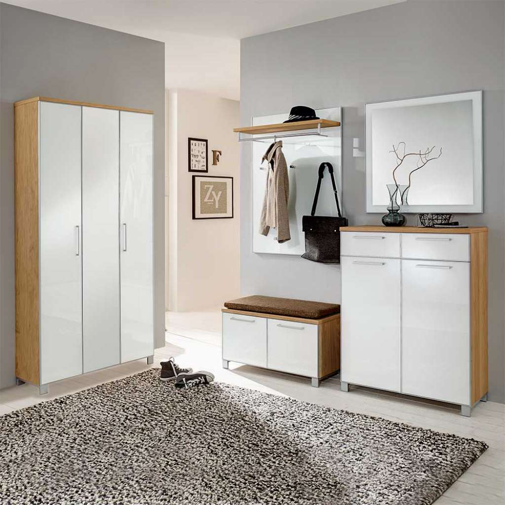 Garderobenset in Weiß Glas beschichtet Eiche furniert modern (5-teilig)