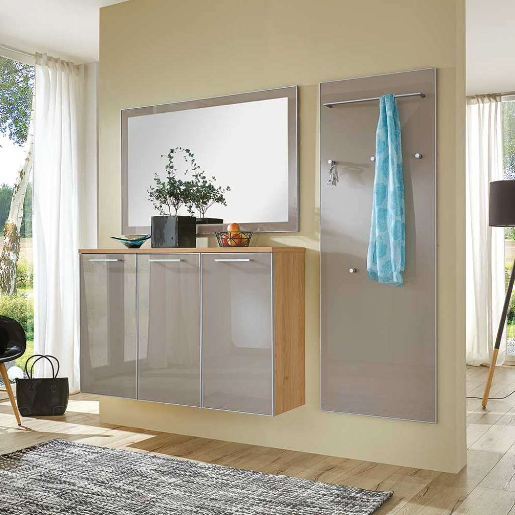 Garderobenkombination in Taupe Glas beschichtet Eiche furniert (3-teilig)
