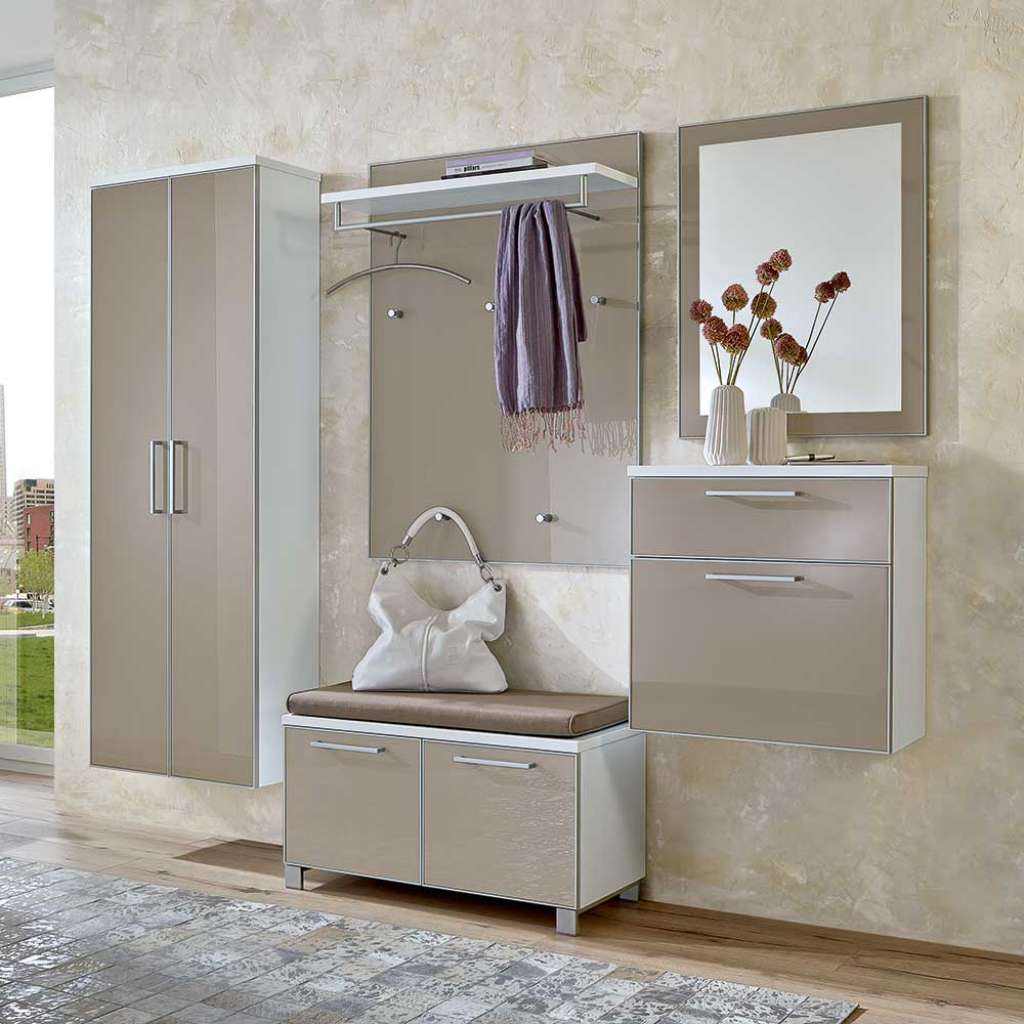 Flurgarderobenset in Taupe Glas beschichtet Weiß lackiert (5-teilig)