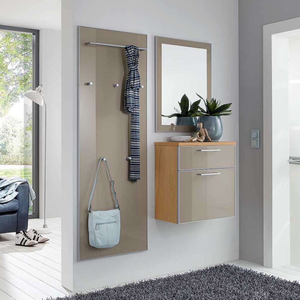 Garderobenmöbel in Taupe Glas beschichtet Eiche Bianco furniert (3-teilig)