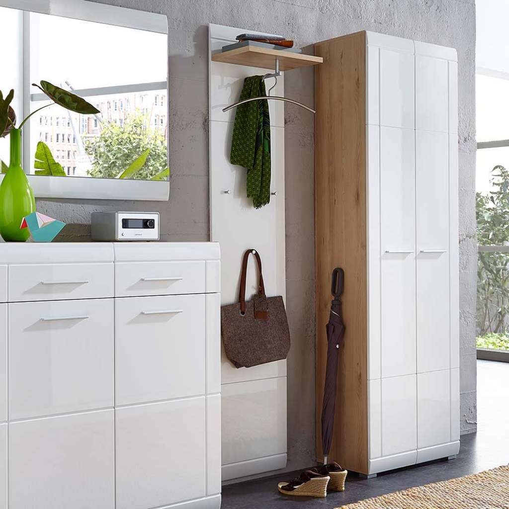 Wandpaneel Garderobe in Weiß Hochglanz Buche