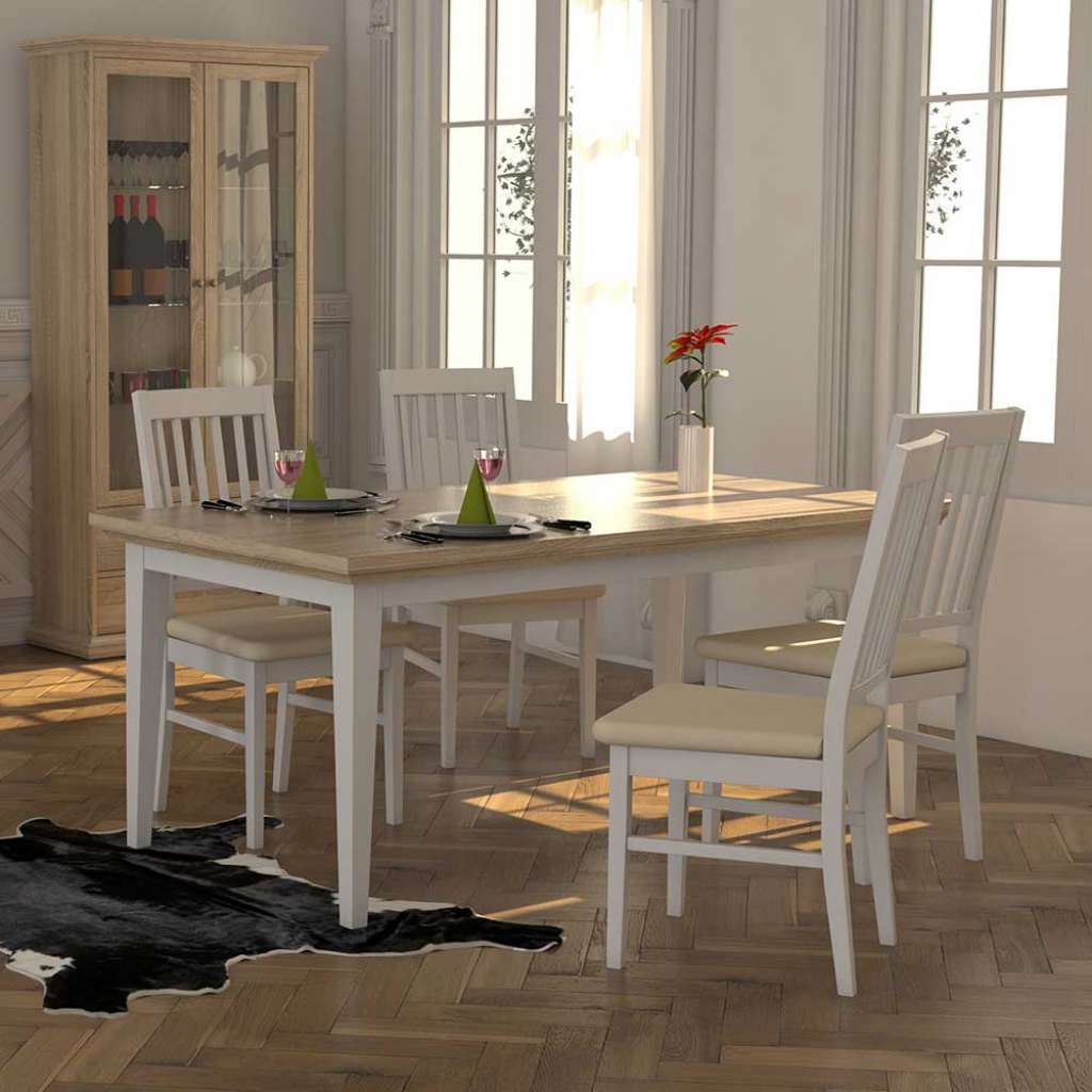 Esszimmertisch mit Mittelauszug Eiche Sägerau Weiß