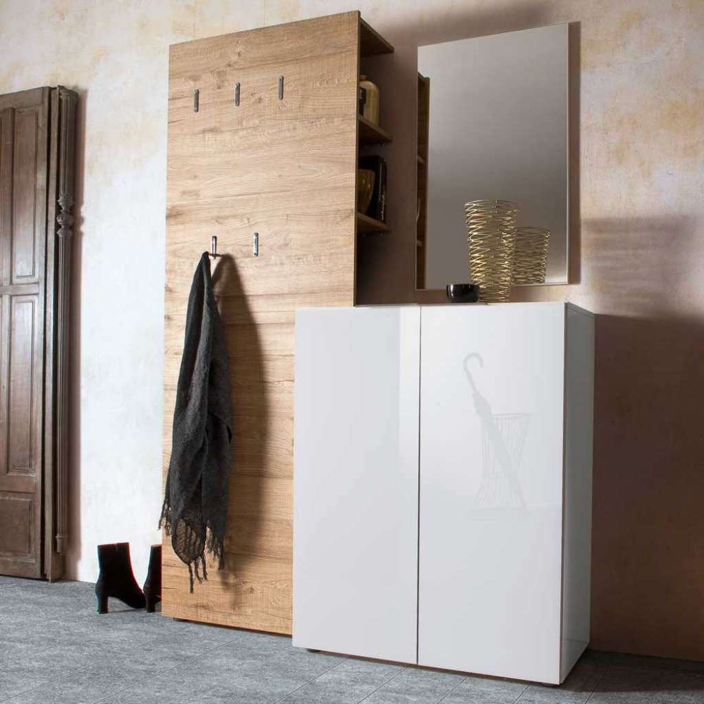 Garderobenkombination in Weiß Hochglanz Eiche modern (3-teilig)