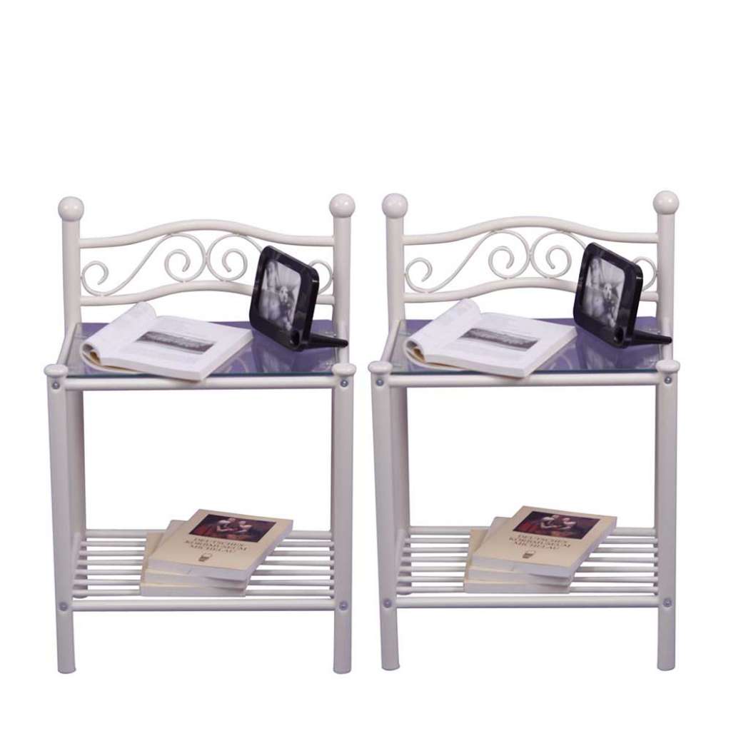 Nachttisch in Weiß Metall Glas (2er Set)