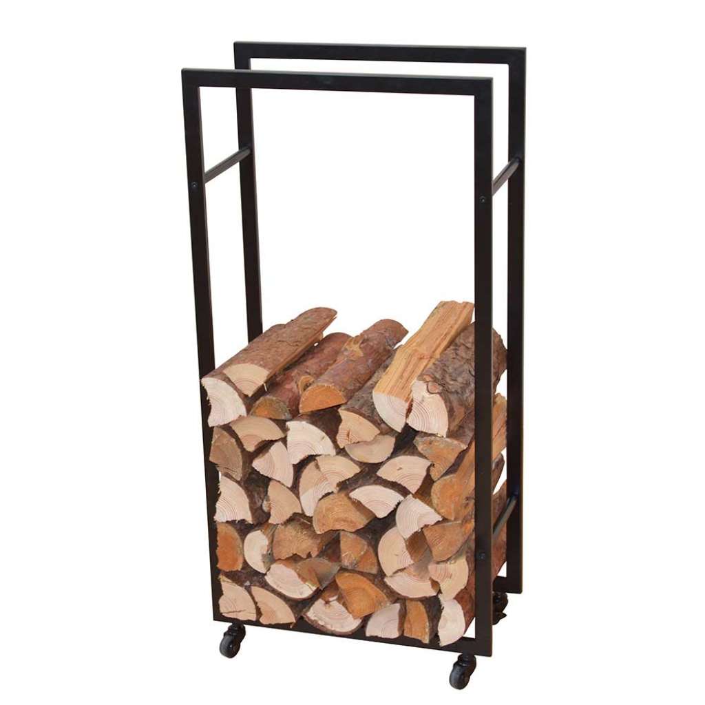 Kaminregal in Schwarz mit Rollen