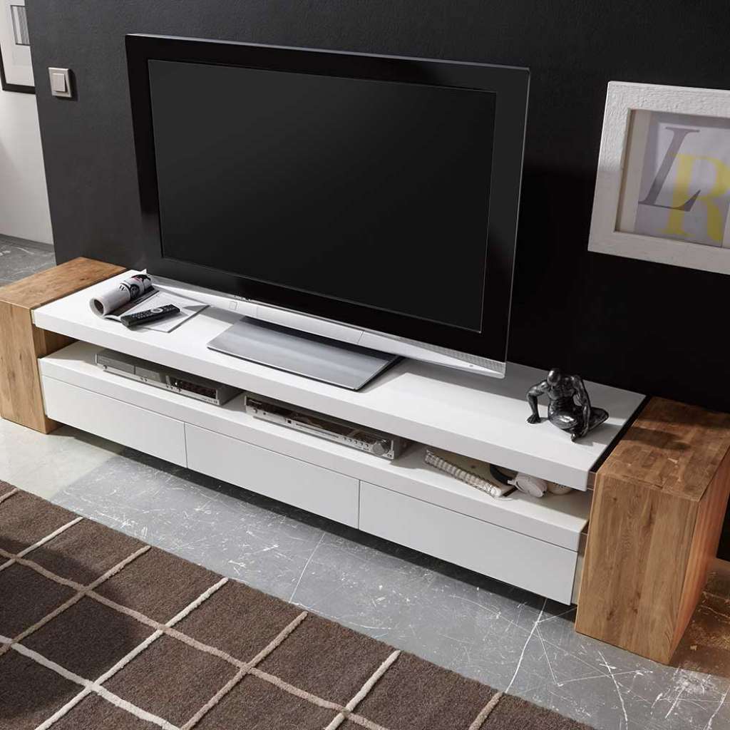 TV Lowboard in Weiß matt mit Eiche Massivholz